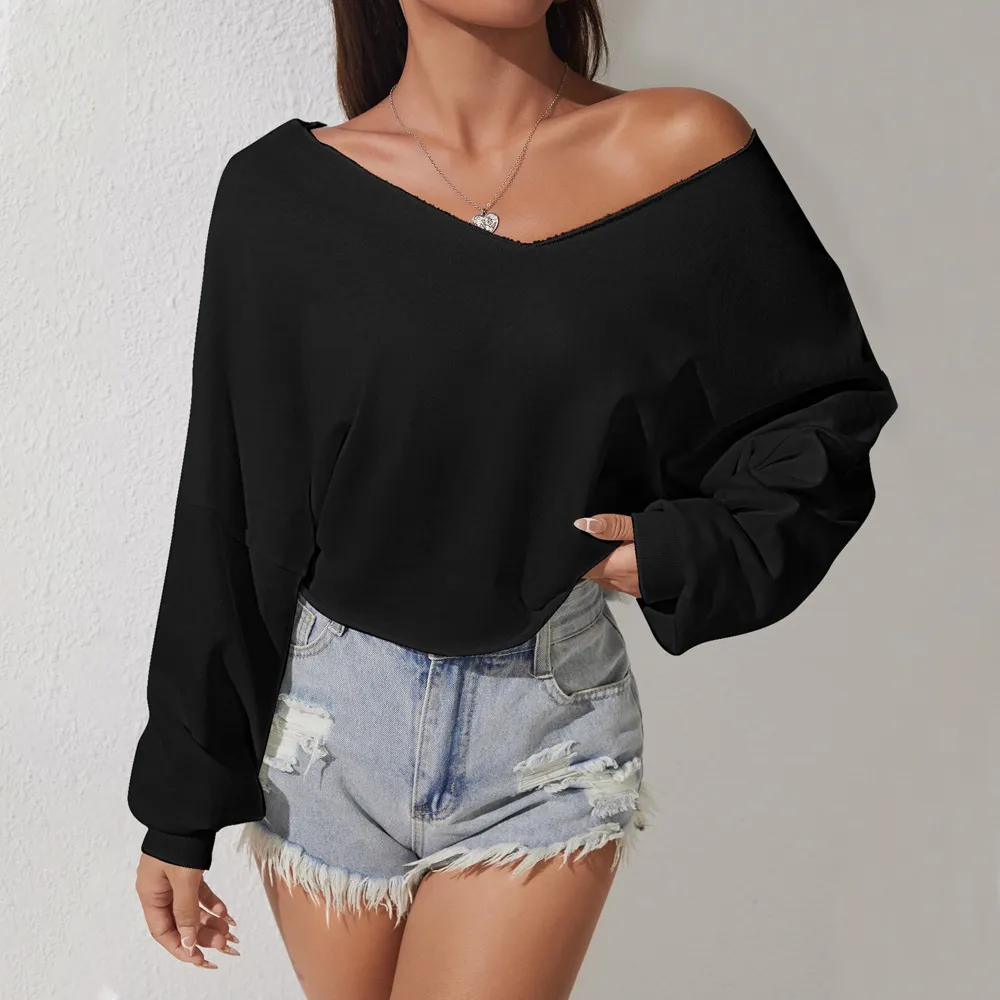 European And American Elegant And Intellectual Style Loose T-shirt Autumn And Winter V-neck Versatile Slim Off-shoulder Design Top - Black