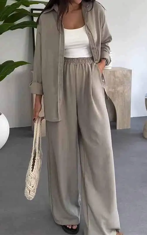 Fashion Solid Color Loose Top Casual Wide Leg Pants Two piece Set Khaki - Shop at LoveMi