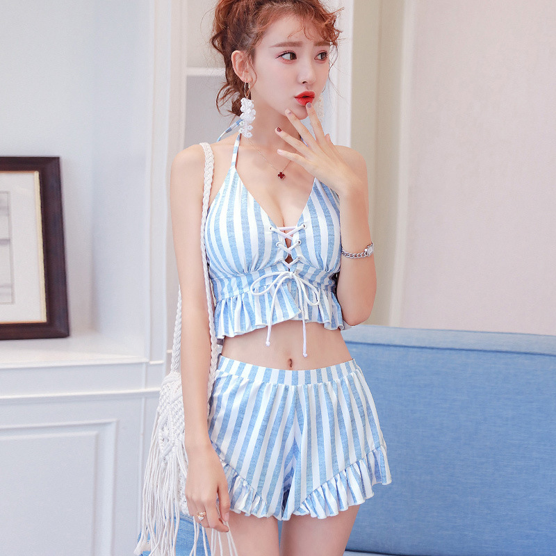 Women's Denim Striped Boxer Three-piece Suit Small Chest Push Up