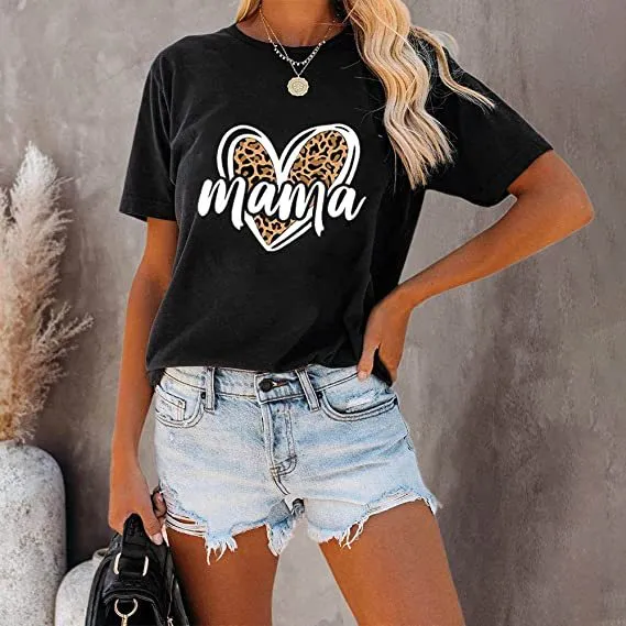Leopard Print Love MAMA Mother's Day T-shirt Holiday Outdoor Leisure Pure Cotton - Black