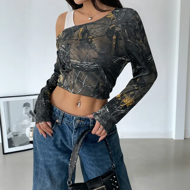 Women's Fake Two piece Shoulder T shirt Army Green - Shop at LoveMi