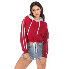 Drawstring Short Striped Long Sleeve Hooded Short Midriff-baring Hoodie Foreign Trade Women's Clothing - Wine Red - View 1