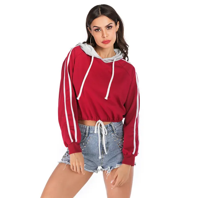 Drawstring Short Striped Long Sleeve Hooded Short Midriff baring Hoodie Foreign Trade Women's Clothing Wine Red - Shop at LoveMi