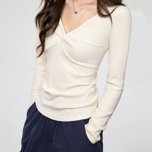 Women's Elegant Deep V neck Knot Long Sleeve Top Moonlight White - Shop at LoveMi