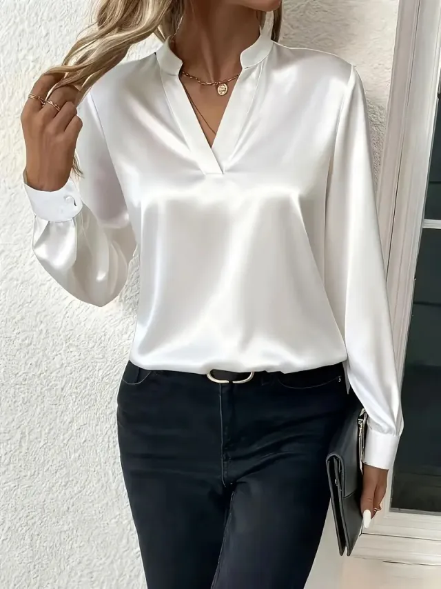 Simple And Versatile V neck Loose Top For Spring And Autumn White - Shop at LoveMi