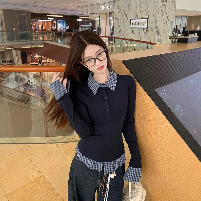 Polo Collar Fake Two Piece Bottoming Slim Fit Top