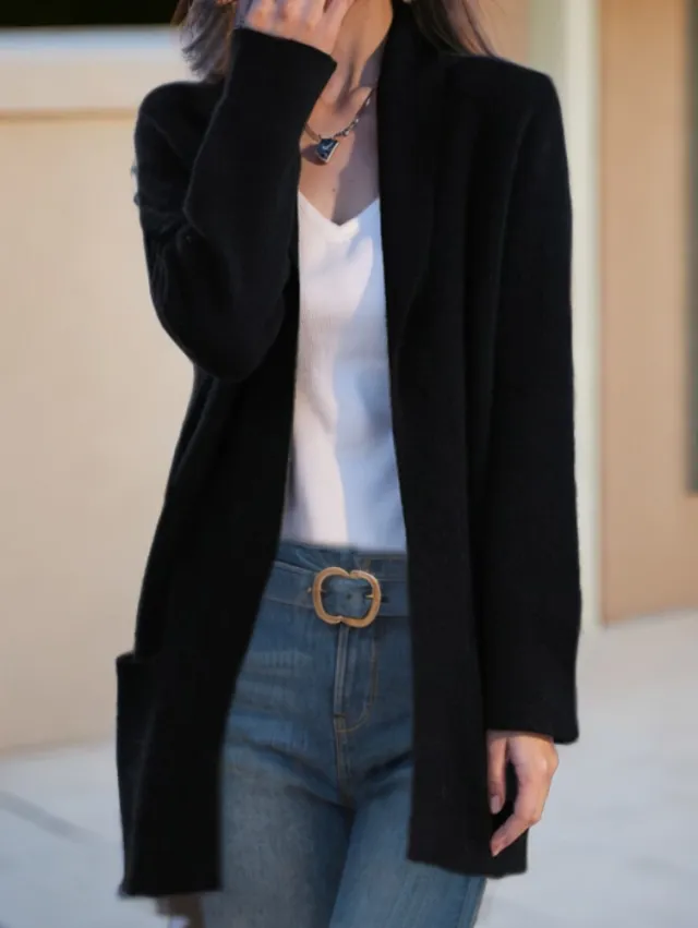 New Polo Collar Solid Color Long sleeved Knitted Cardigan Loose Pockets Sweater Coat For Women Black - Shop at LoveMi