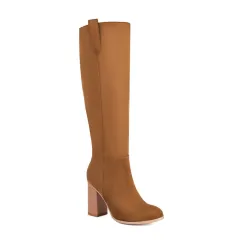 Long Boots Female Suede Chunky Heel Round Toe - Brown - View 1