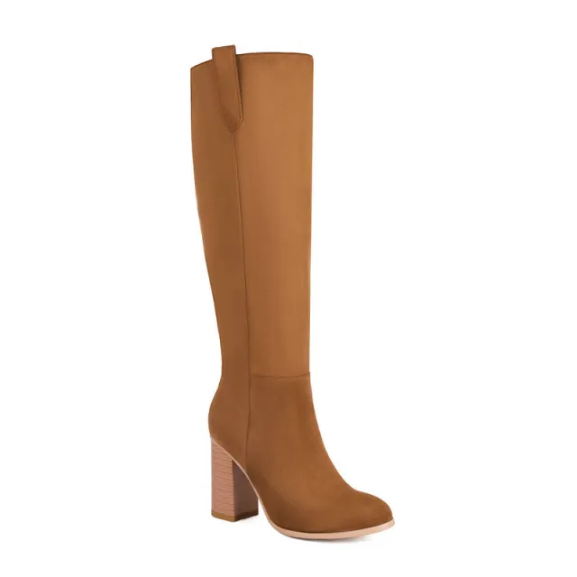 Long Boots Female Suede Chunky Heel Round Toe Brown - Shop at LoveMi