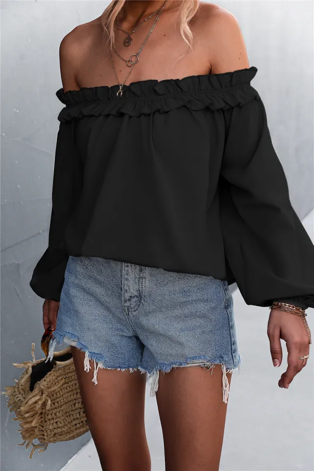 Solid Color Sexy Off the shoulder Lantern Sleeve T shirt Top For Women Black - Shop at LoveMi