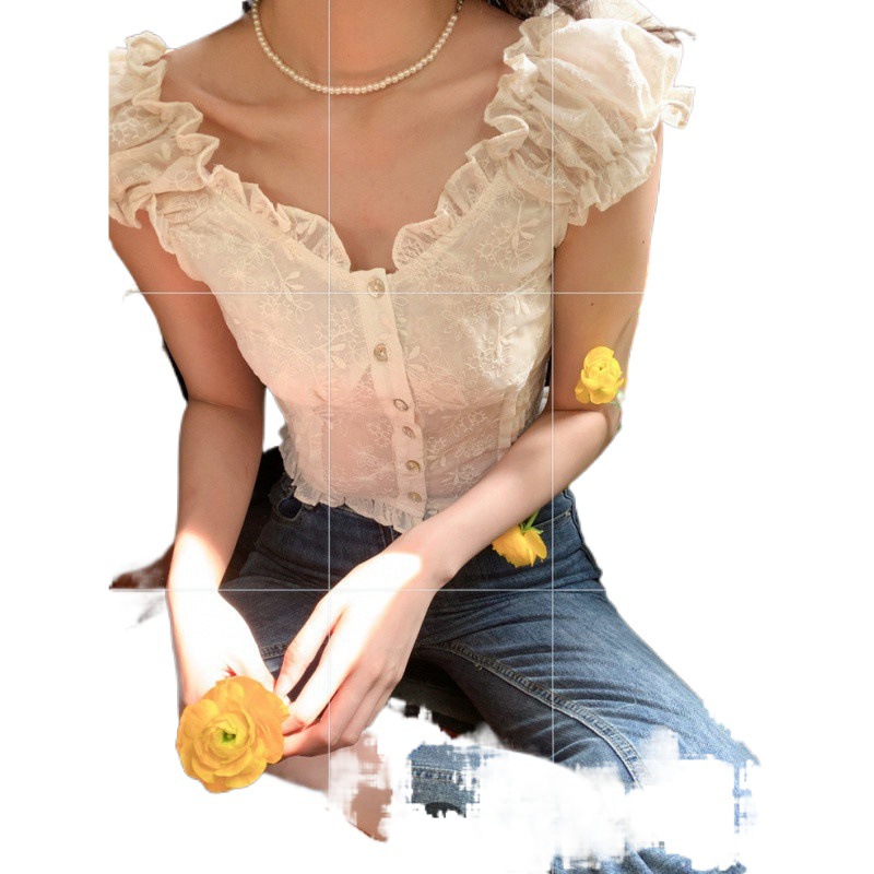 Vintage Crocheted Ruff Collar Breasted Puff Sleeve Short Sleeve Shirt For Women