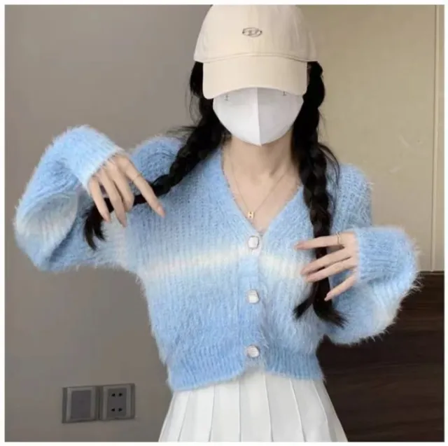 Gradient Color Autumn And Winter V neck Mink Sweater Coat Female Small Short Outer Wear Wool Knit Cardigan Blue - Shop at LoveMi