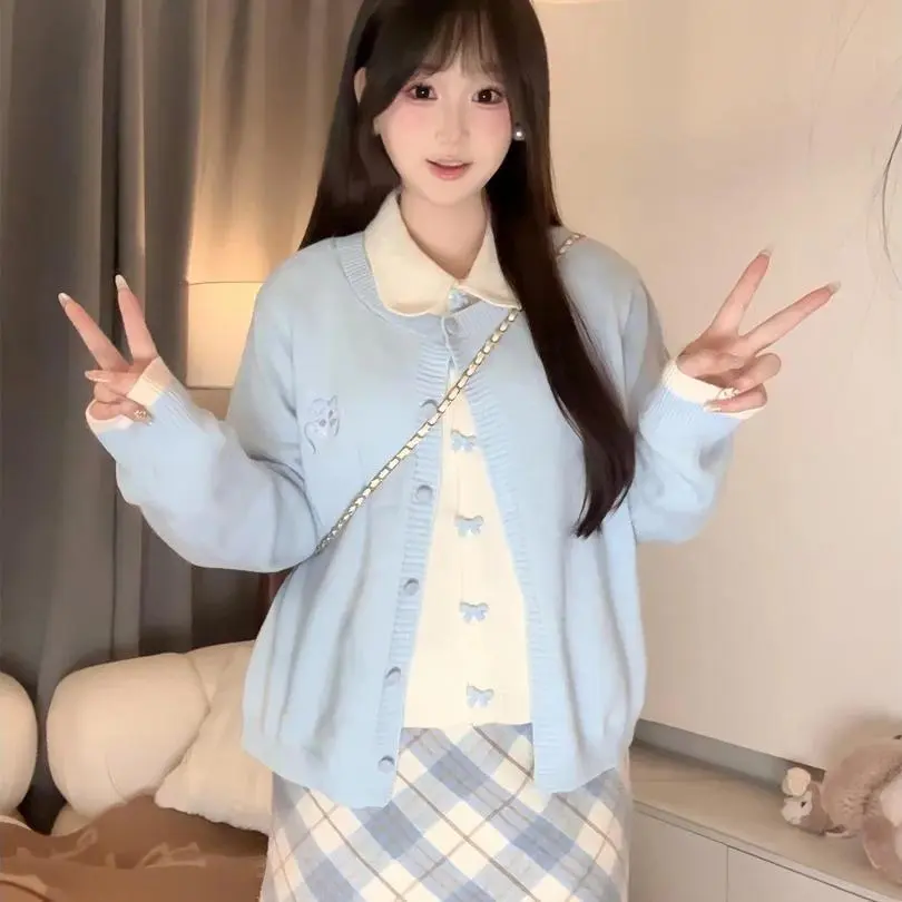 Women's Fake Two-piece Knitted Cardigan Sweater - Blue