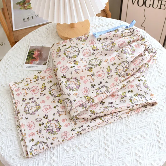 Brushed Flannel Loose Pure Cotton Cartoon Printed Pajama Pants For Women Circle Grass Rabbit Xl - Shop at LoveMi