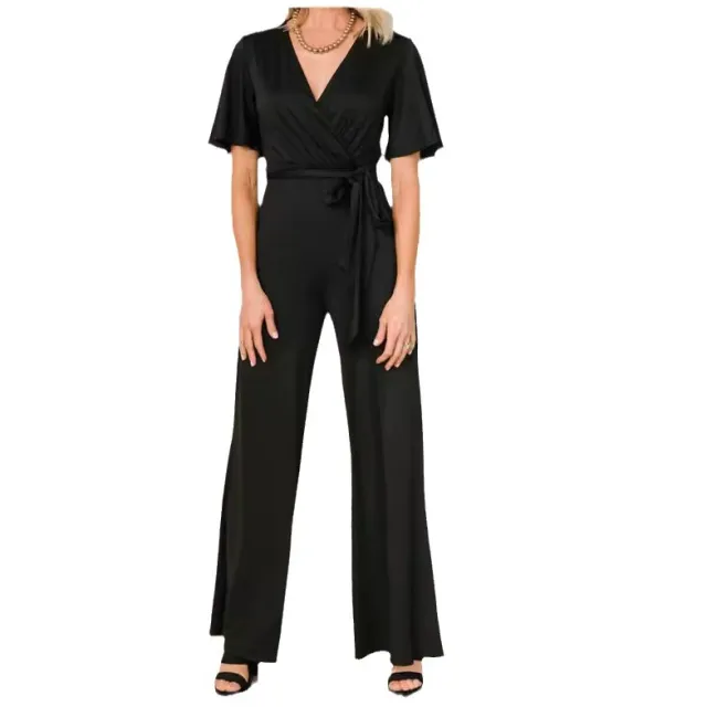 Women's Casual Solid Color Short Sleeve Belt Jumpsuit Black - Shop at LoveMi