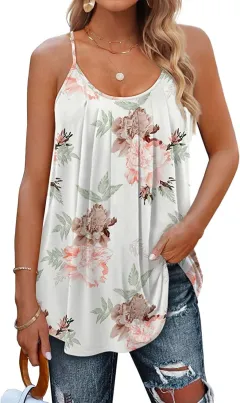 Women's Summer Vest Pleated Spaghetti Strap Tank Top - White Flower - View 1