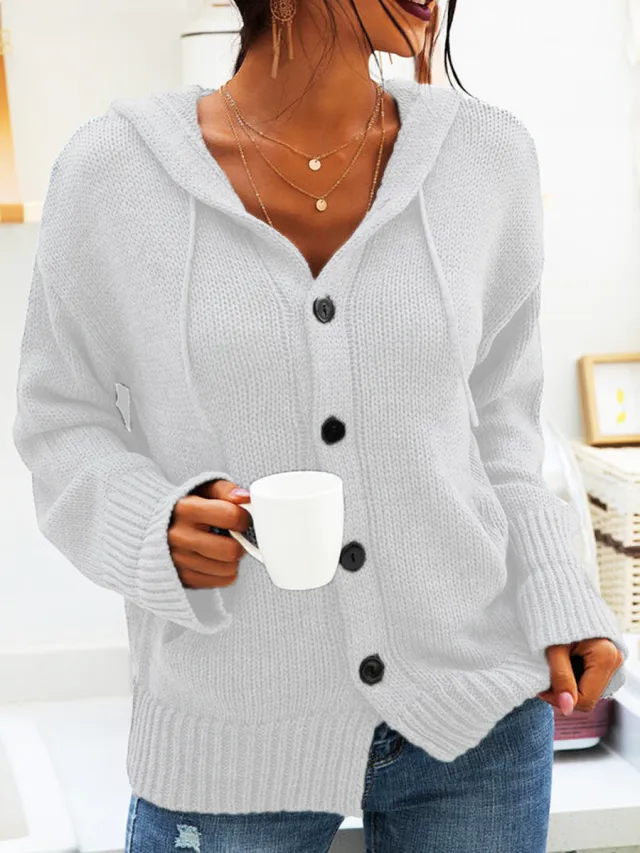 Hooded Knitted Long sleeved Breasted Cardigan Drawstring Sweater White - Shop at LoveMi