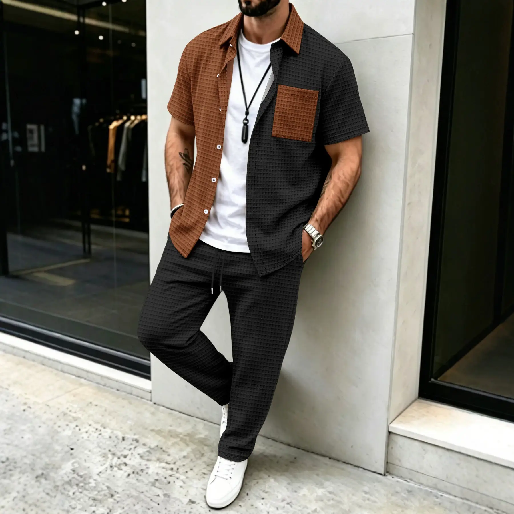 Mens Casual Short-sleeve Pocket Shirt And Trousers Set