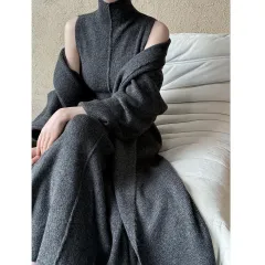 Women's Long Warm Sleeveless Turtleneck Dress Two-piece Set - Gray - View 1