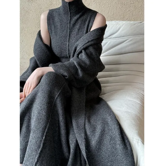 Women's Long Warm Sleeveless Turtleneck Dress Two piece Set Gray - Shop at LoveMi
