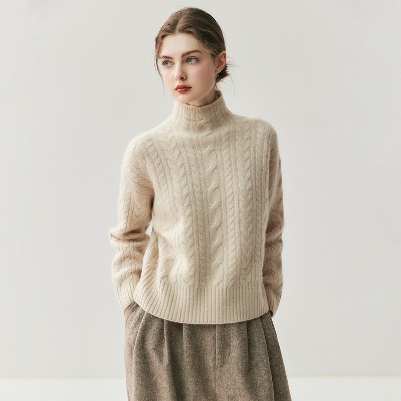 Womens Half-Turtleneck Seamed Cable-Knit Cashmere Sweater Elegant Artistic And Versatile For Any Look
