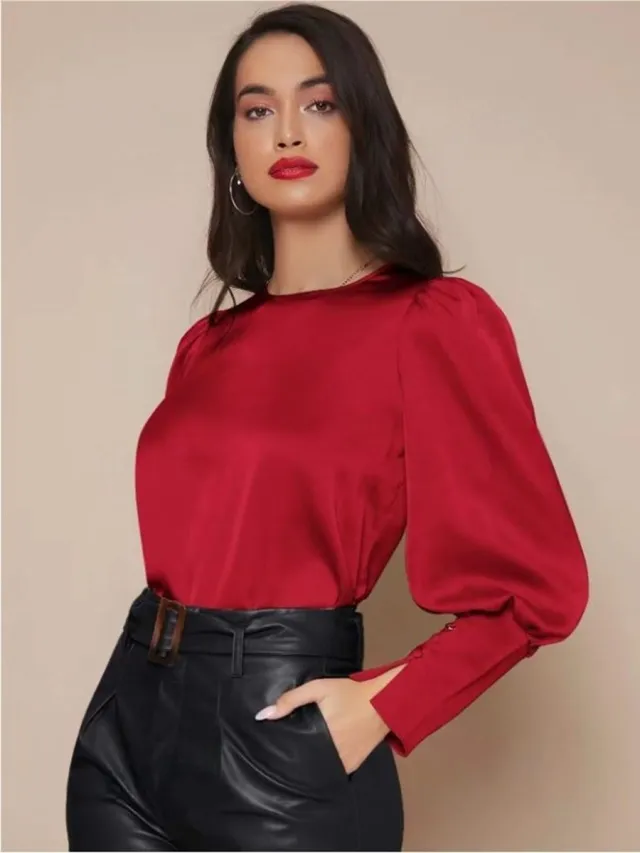 Women's Long Sleeved Satin Shirt Wine - Shop at LoveMi