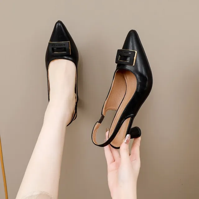 Women's Chunky Heel Buckle Back Mixed Head Back Empty High Heel Sandals Black - Shop at LoveMi
