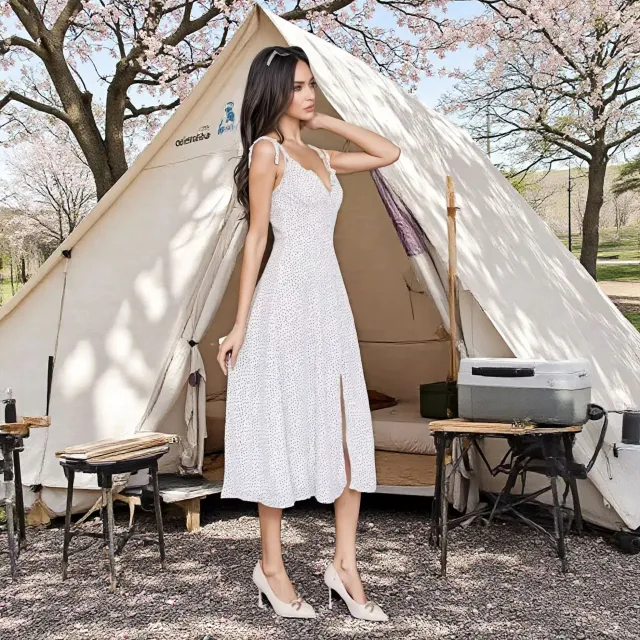 European And American Sexy Exposed Back Fashion Polka dot Long Dress Sling Dress White - Shop at LoveMi