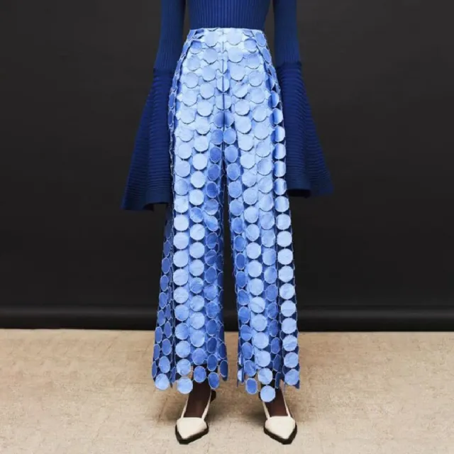 Fashionable Elegant Round Design Tassel Hollow out Embroidered High Waist Wide leg Pants Blue - Shop at LoveMi