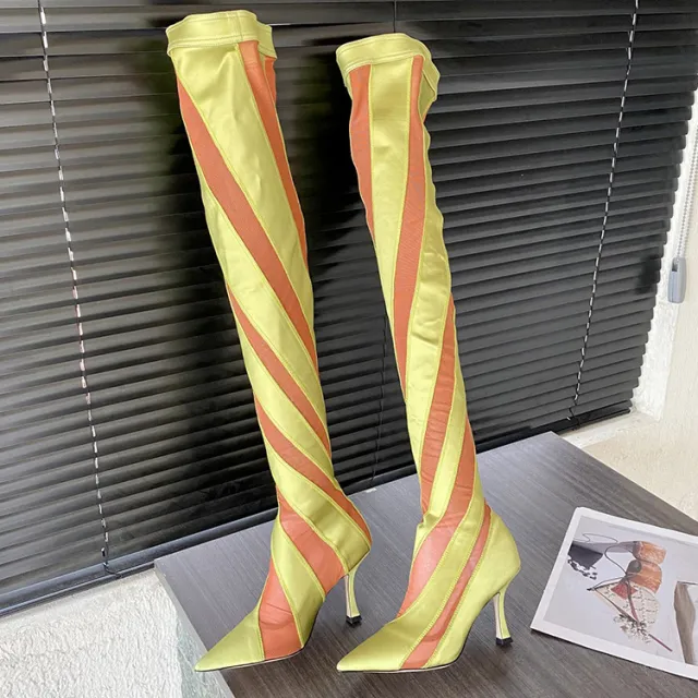 Pointed High Heel Elastic Thread Stitching Mesh Long Tube Over The Knee Boots Orange - Shop at LoveMi