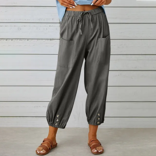 Loose High Waist Button Cotton And Linen Trousers Cropped Pants Wide Leg Women's Pants Dark Gray - Shop at LoveMi