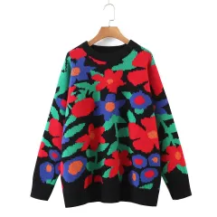 Women's Fashion Embroidered Crew Neck Loose-fitting Long Sleeve Sweater - Black - View 1