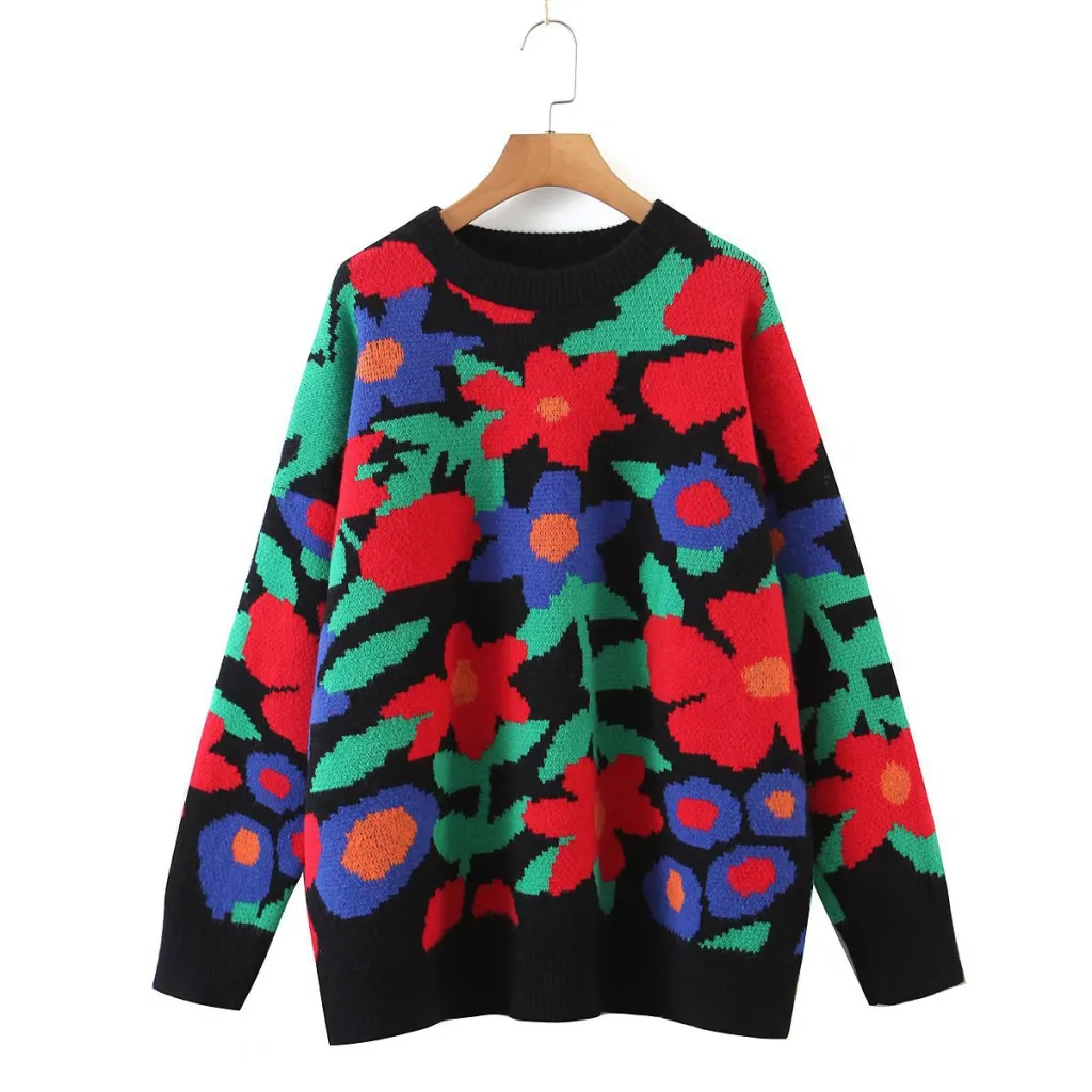 Women's Fashion Embroidered Crew Neck Loose-fitting Long Sleeve Sweater - Black