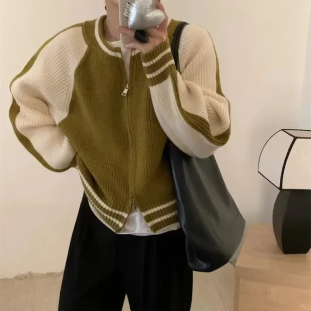Double Zipper Knitted Cardigan Coat Round Neck Loose And Lazy Style Green - Shop at LoveMi