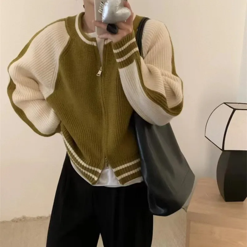 Double Zipper Knitted Cardigan Coat Round Neck Loose And Lazy Style - Green