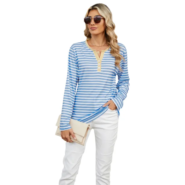 Women's V neck Striped Loose Long sleeved T shirt Top Blue And White Stripes - Shop at LoveMi
