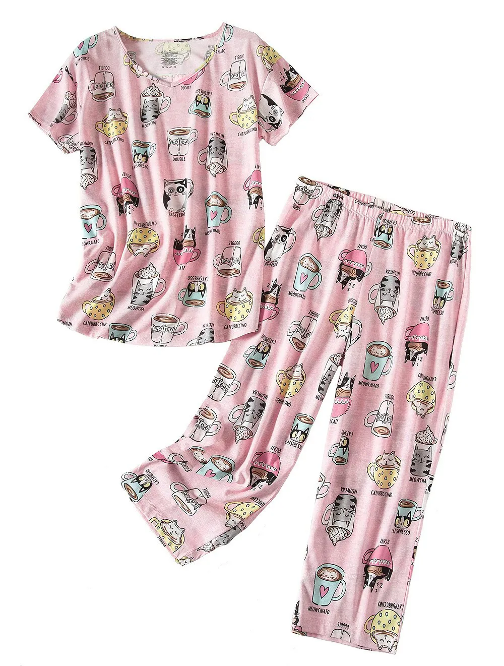 Short-sleeved Cropped Pants Suit Knitted Cotton Plus Size Women's Pyjama Suit Suit - Pink