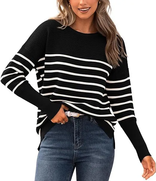 Autumn Winter Sweater Casual Striped Round Neck Sweater Black And White Color Matching - Shop at LoveMi