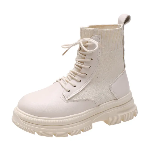 British Style Round Head Lace up Knitted Mouth Casual Martin Boots Women Beige - Shop at LoveMi