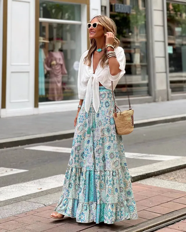 Women's Fashion Casual Holiday Large Swing Dress Blue Flowers - Shop at LoveMi