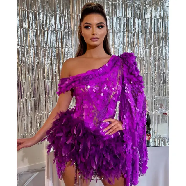 Purple Sequined Feather Skirt One shoulder Sleeve Short Dress Luxury Party Stage Performance Dress Purple - Shop at LoveMi