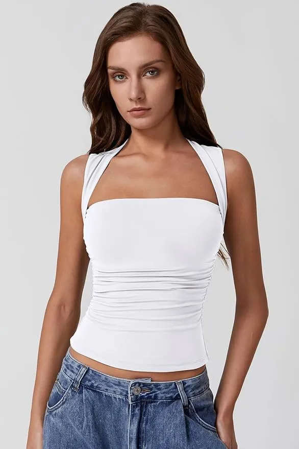 Off the shoulder Square Collar Shoulder Strap Midriff baring Top White - Shop at LoveMi