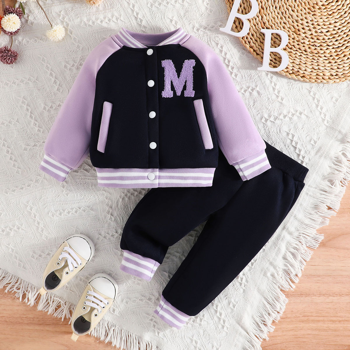 Letter Color Matching Hooded Children's Baseball Uniform Two-piece Set - Picture 12 of 13
