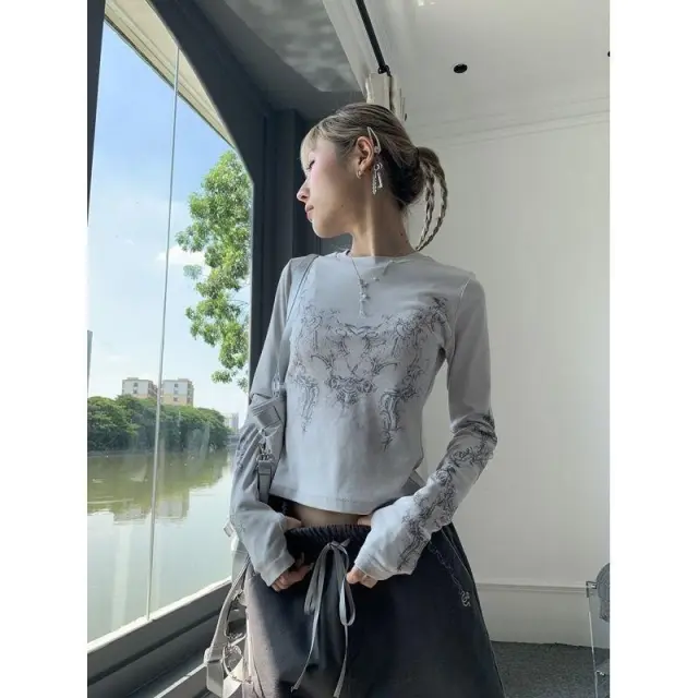 Summer Retro Street Women's Printed Personality Fashion Casual Long Sleeve Pullover Crew Neck T shirt Top White - Shop at LoveMi