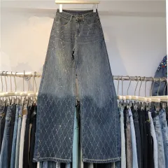Heavy Industry Hot Diamond Lattice Diamond High Waist Loose Wide Leg Pants - Blue - View 1
