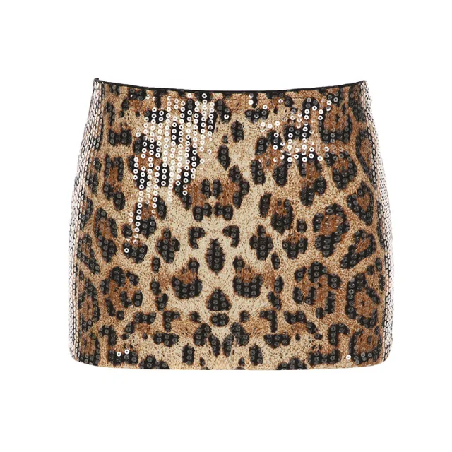 Women's Contrast Color Stretch Leopard Print Sequin Shiny Hip Skirt Brown - Shop at LoveMi