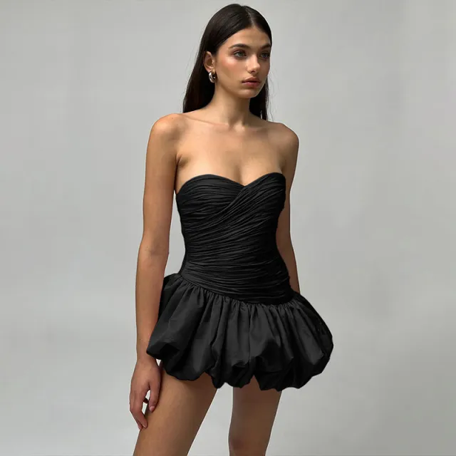 Elegant Pure Color Tube top Off the shoulder Pleated Body Shaping Pettiskirt Black - Shop at LoveMi