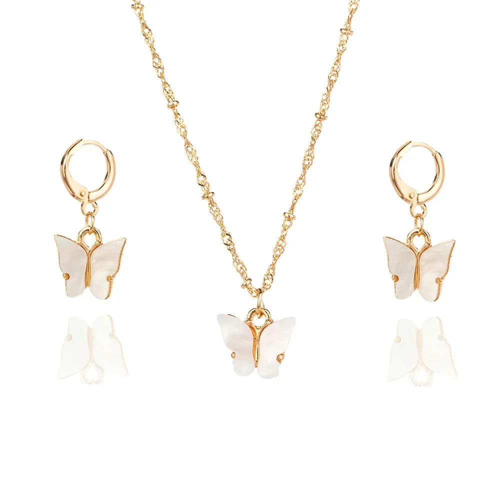 Color Acrylic Butterfly Earrings And Necklace Set - 03 White Suit