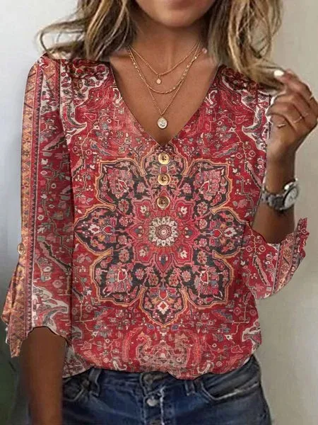 V neck Flared Sleeves Printed T shirt Top Red - Shop at LoveMi