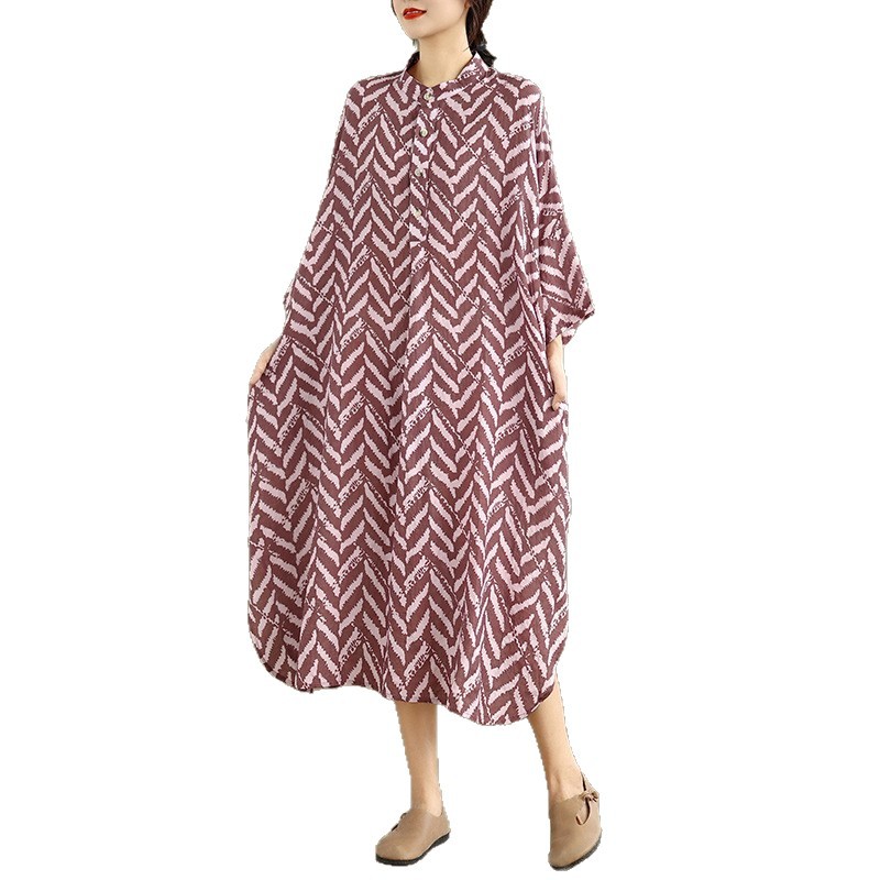 Cotton-linen Printed Mandarin-collar Loose-fit Maxi-length Resort Dress